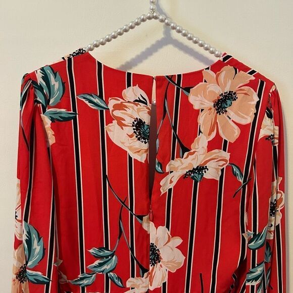 Express Women Dress small Red Floral Long Sleeve Mini Surplice wrap Lined fairy - Picture 10 of 13